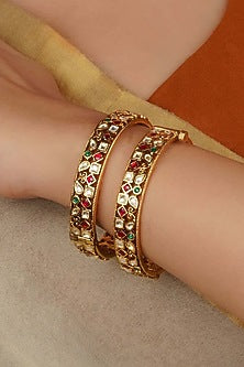 Gold Plated Uncut Polki & Beaded Jadau Bangle (Set Of 2)