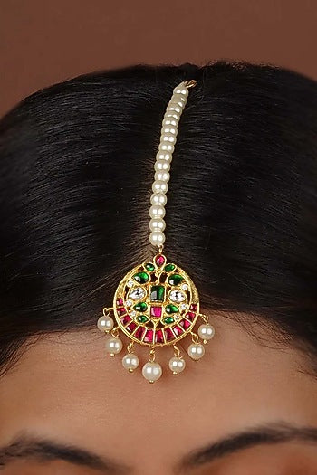 Gold Plated Uncut Polki & Beaded Jadau Maangtikka