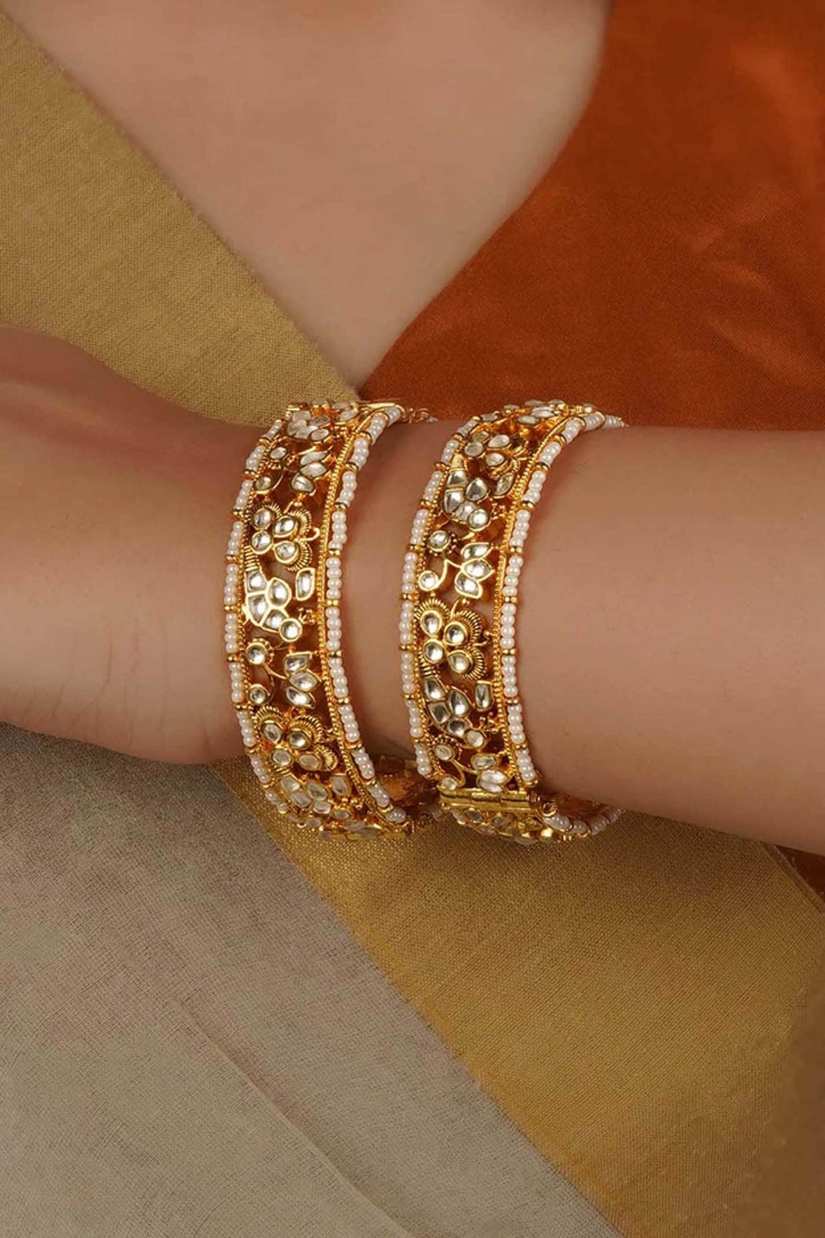 Gold Plated Uncut Polki & Beaded Jadau Bangles (Set Of 2)