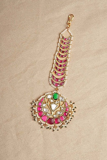 Gold Plated Uncut Polki & Beaded Jadau Maangtikka