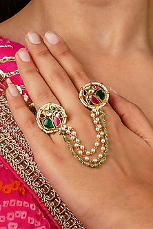 Gold Plated Uncut Polki & Beaded Jadau Ring