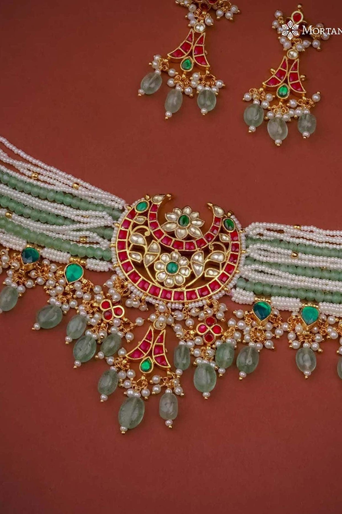 Gold Plated Uncut Polki & Beaded Jadau Choker Necklace Set