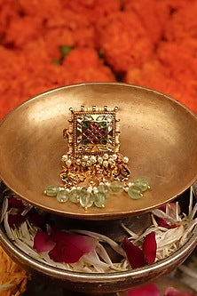 Gold Plated Uncut Polki & Beaded Jadau Ring