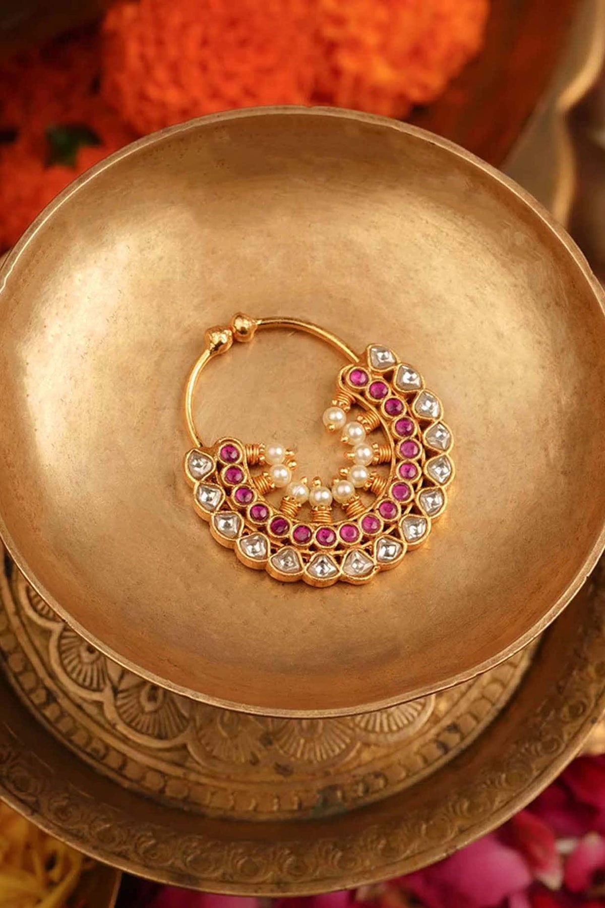 Gold Plated Uncut Polki & Beaded Jadau Nose Ring