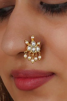 Gold Plated Uncut Polki & Beaded Jadau Nose Ring