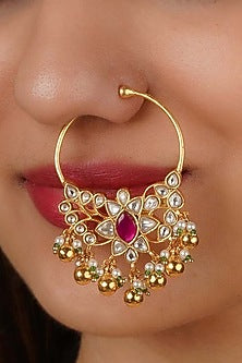 Gold Plated Uncut Polki & Beaded Jadau Nose Ring