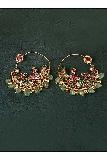 Gold Plated Uncut Polki & Beaded Jadau Hoop Earrings
