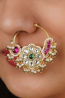 Gold Plated Uncut Polki & Beaded Jadau Nose Ring