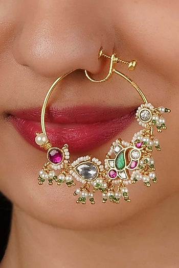 Gold Plated Uncut Polki & Beaded Jadau Nose Ring
