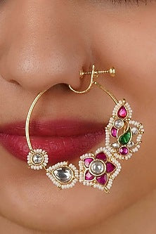 Gold Plated Uncut Polki & Beaded Jadau Nose Ring