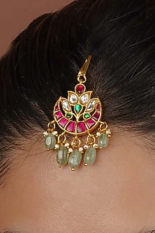 Gold Plated Uncut Polki & Beaded Jadau Maangtikka