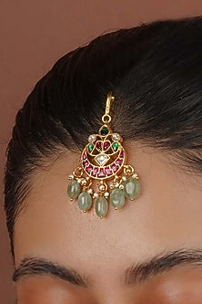 Gold Plated Uncut Polki & Beaded Jadau Maangtikka