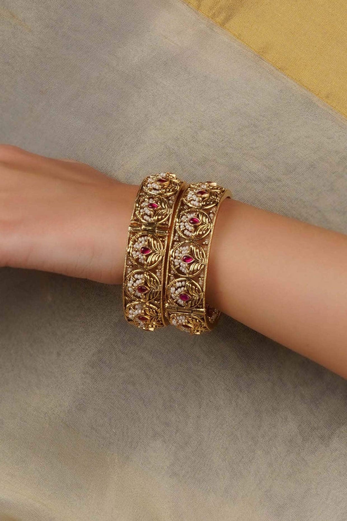Gold Plated Uncut Polki & Beaded Jadau Bangles (Set Of 2)