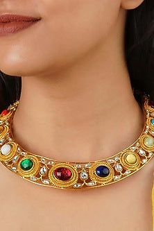 Gold Finish Jadau Kundan Polki Choker Necklace