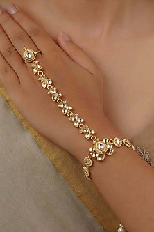 Gold Plated Uncut Polki & Beaded Jadau Haathphool