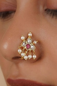 Gold Plated Uncut Polki & Beaded Jadau Nose Ring