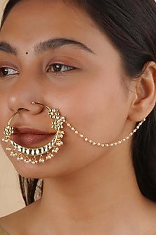 Gold Plated Uncut Polki & Beaded Jadau Nose Ring