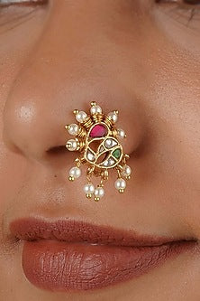 Gold Plated Uncut Polki & Beaded Jadau Nose Ring