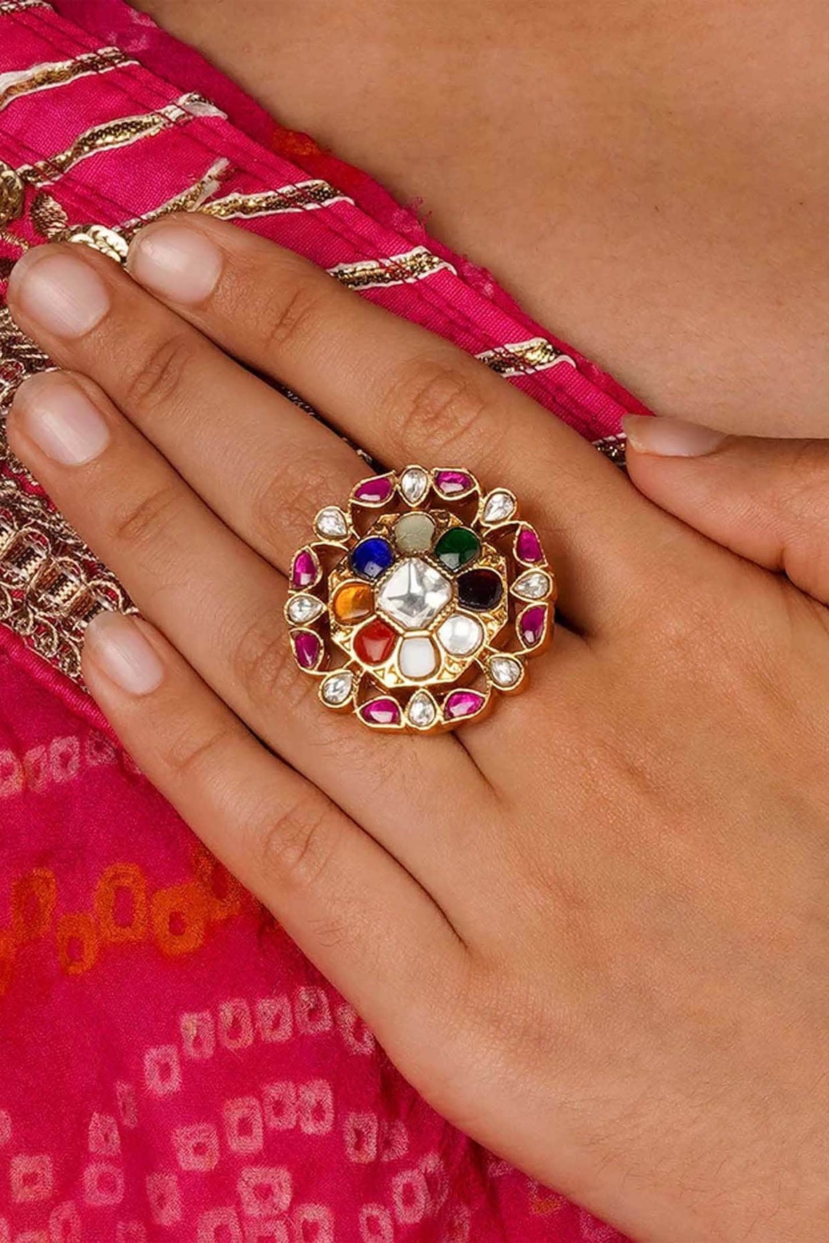 Gold Plated Uncut Polki & Beaded Jadau Ring