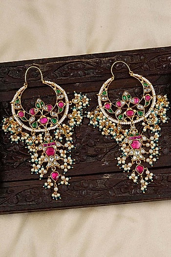 Gold Plated Uncut Polki & Beaded Jadau Dangler Earrings