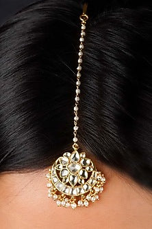 Gold Plated Uncut Polki & Beaded Jadau Maangtikka
