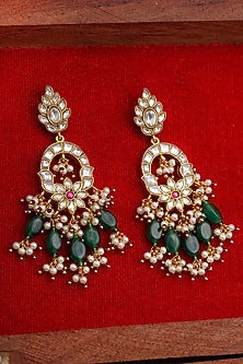Gold Plated Uncut Polki & Beaded Jadau Dangler Earrings