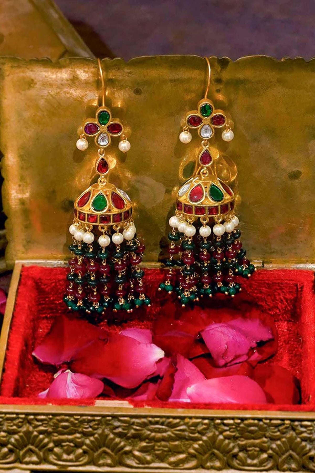 Gold Plated Uncut Polki & Beaded Jadau Dangler Earrings