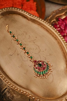 Gold Plated Uncut Polki & Beaded Jadau Maangtikka