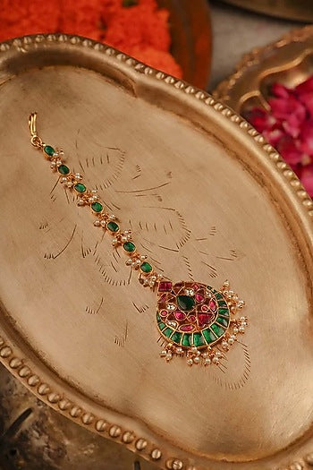 Gold Plated Uncut Polki & Beaded Jadau Maangtikka