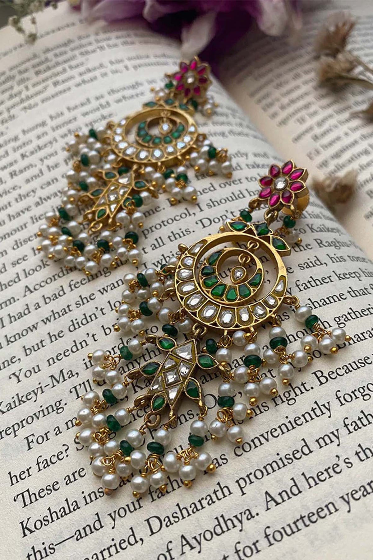 Gold Plated Uncut Polki & Beaded Jadau Dangler Earrings