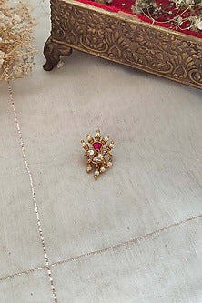 Gold Plated Uncut Polki & Beaded Jadau Nose Ring