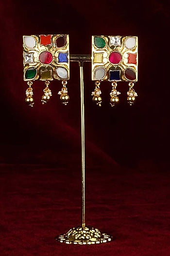 Gold Plated Uncut Polki & Beaded Jadau Stud Earrings