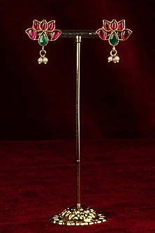 Gold Plated Uncut Polki & Beaded Jadau Stud Earrings