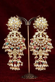 Gold Plated Uncut Polki & Beaded Jadau Dangler Earrings