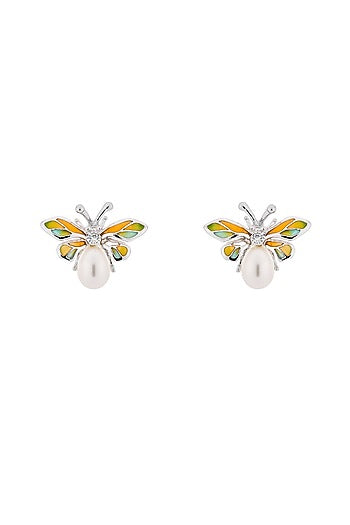 White Rhodium Finish Orange Enameled Butterfly Stud Earrings In Sterling Silver