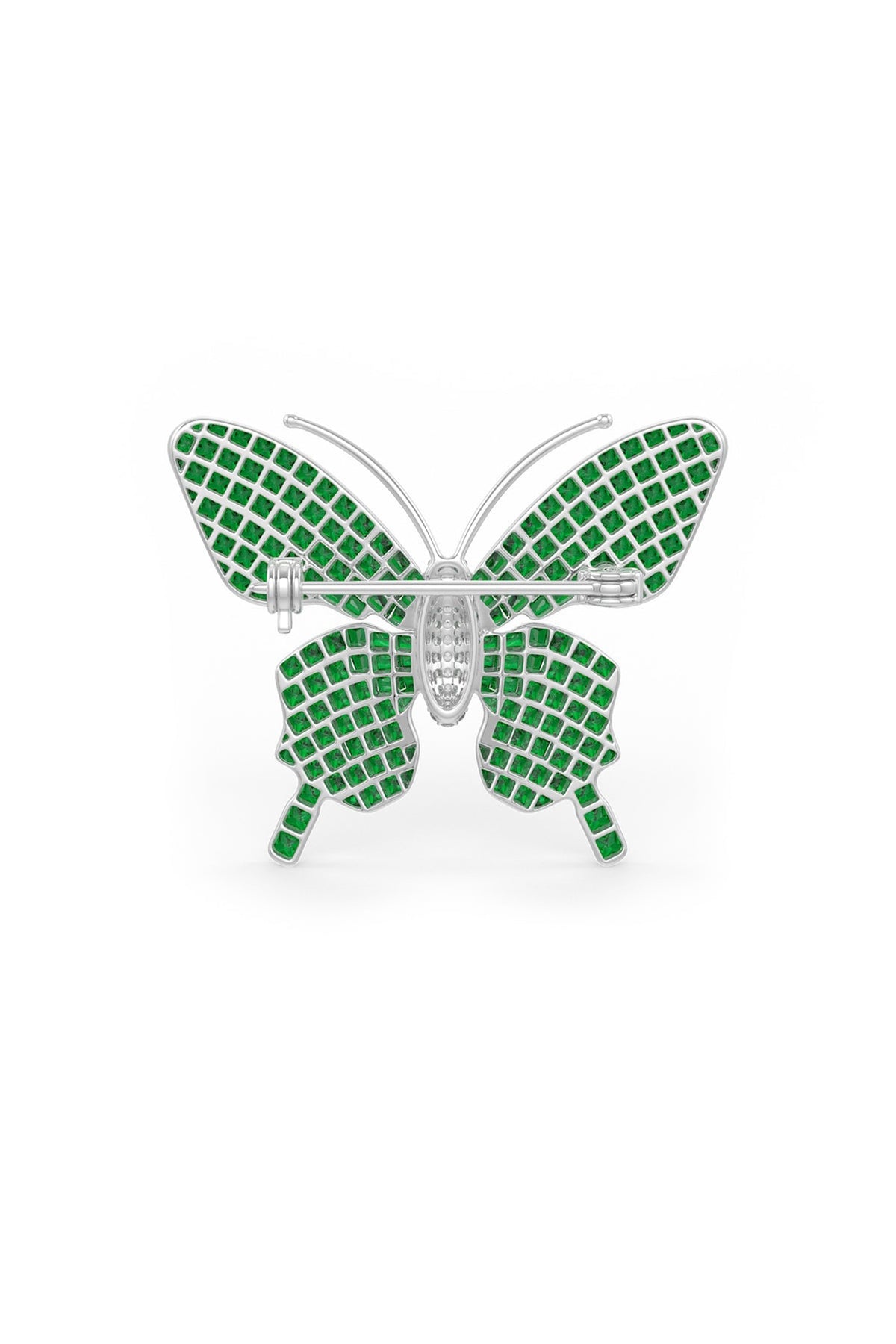 White Rhodium Finish Emerald Spinel Stone Statement Brooch In Sterling Silver