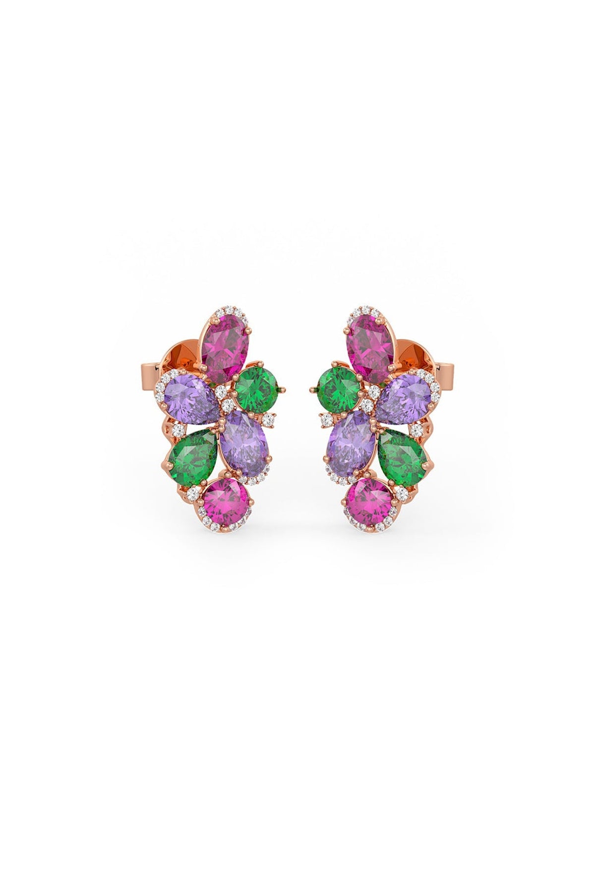Rose Gold Finish Cubic Zirconia & Multi-Colored Stone Stud Earrings In Sterling Silver
