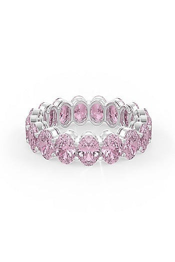 White Rhodium Finish Cubic Zirconia & Pink Stone Ring In Sterling Silver