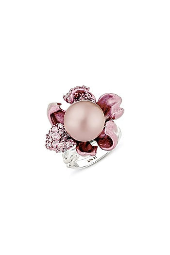 White Rhodium Finish Pink Cubic Zirconia & Pearl Ring In Sterling Silver