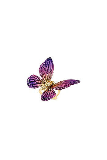 Gold Finish Purple Enameled Butterfly Ring In Sterling Silver
