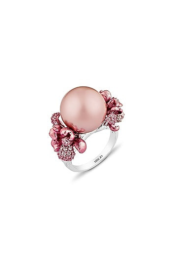 White Rhodium Finish Pearl & Cubic Zirconia Floral Ring In Sterling Silver