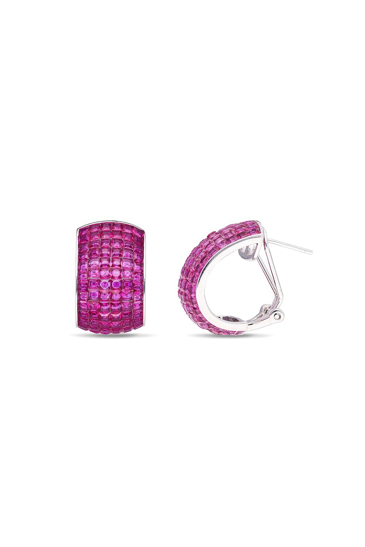 White Rhodium Finish Ruby Spinel Stone Huggie Earrings In Sterling Silver