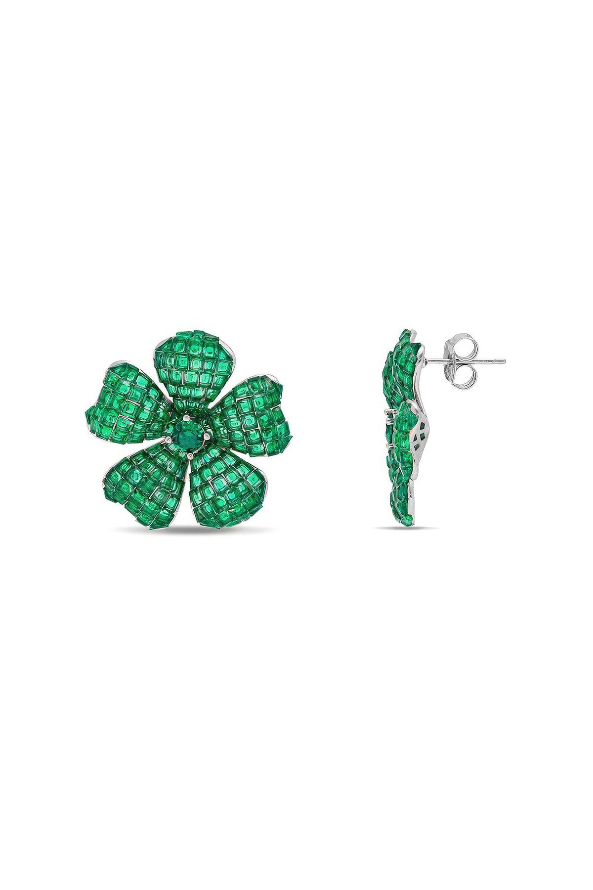 White Rhodium Finish Emerald Spinel Stone Floral Stud Earrings In Sterling Silver