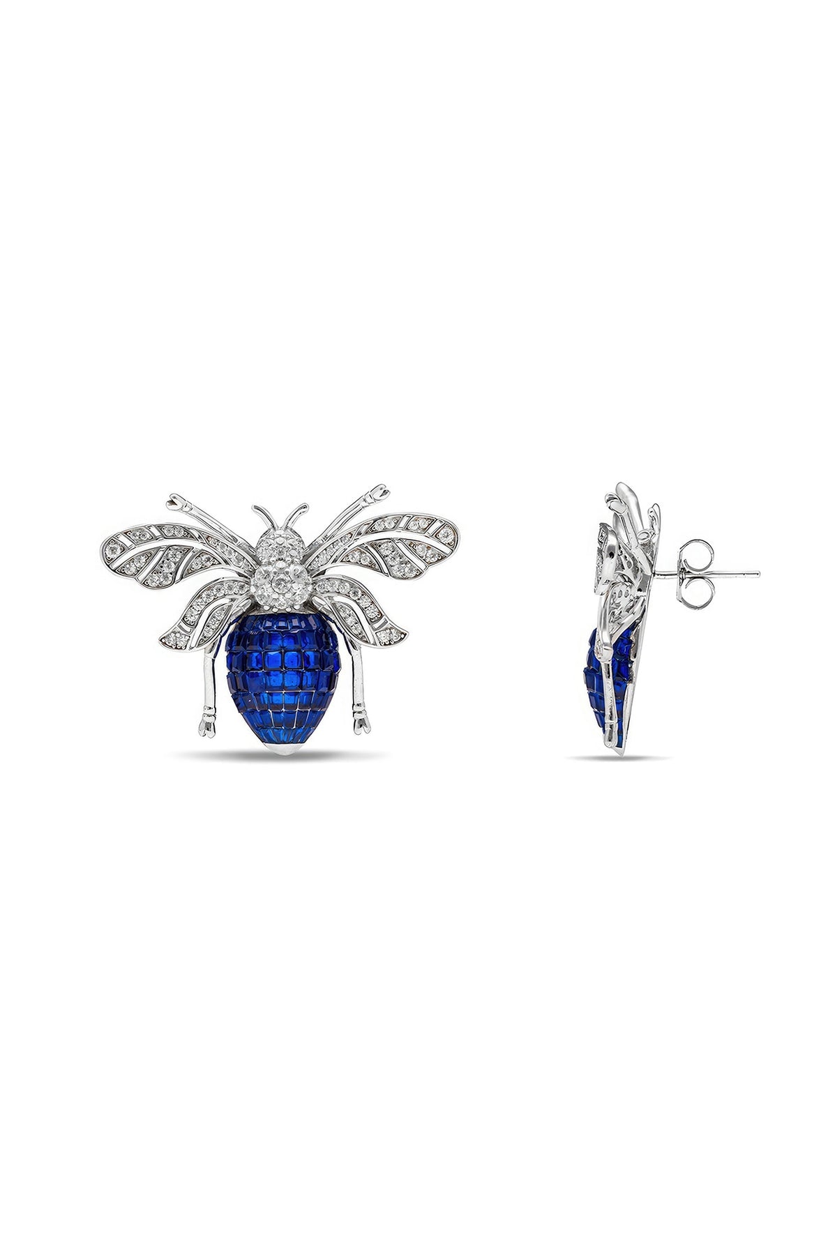 White Rhodium Finish Sapphire Spinel Stone Honey Bee Stud Earrings In Sterling Silver
