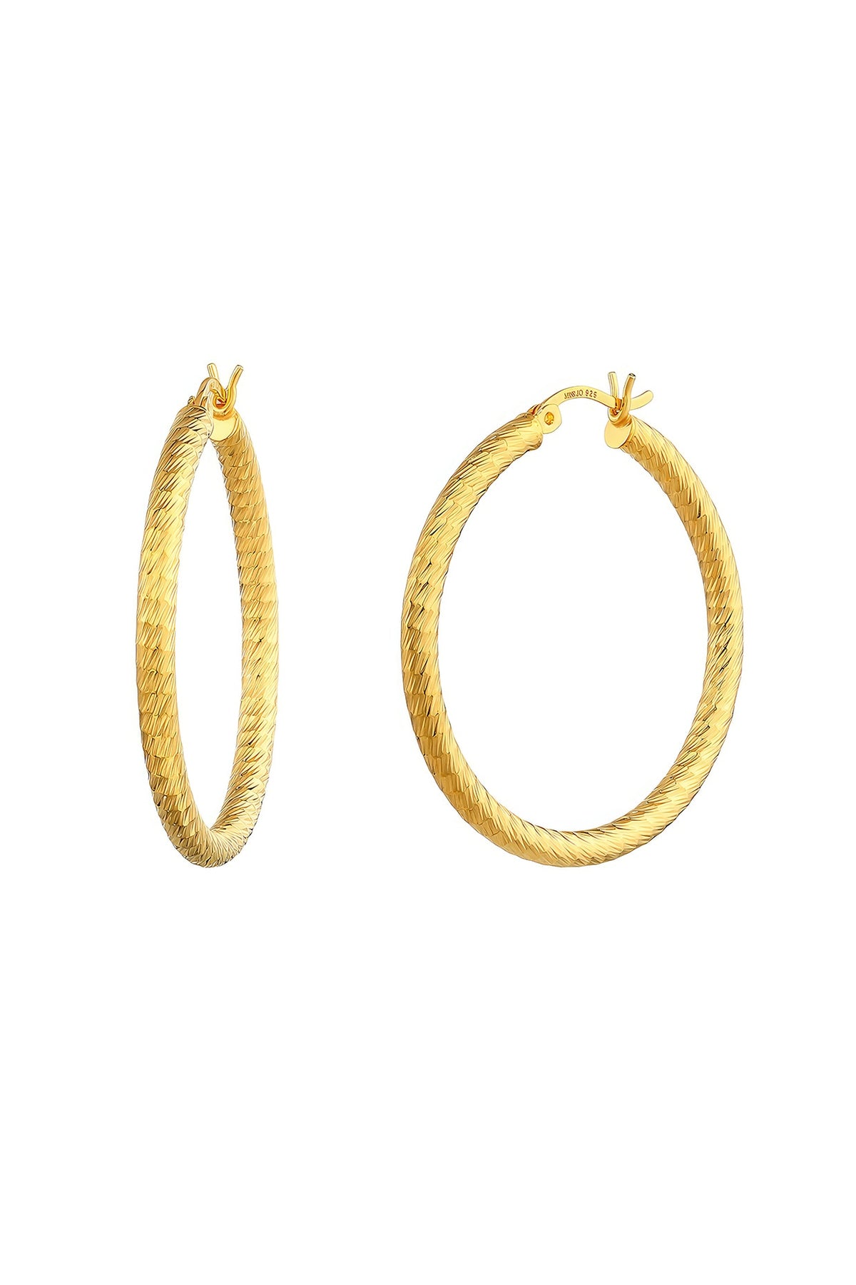 Gold Plated Textured Hoop Earrings In Sterling Silver