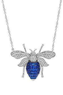 White Rhodium Finish Sapphire Honey Bee Pendant Necklace In Sterling Silver