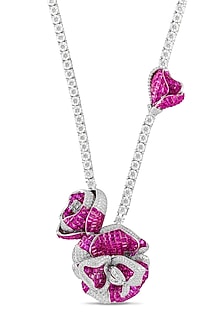 White Rhodium Finish Ruby Floral Butterfly Pendant Necklace In Sterling Silver