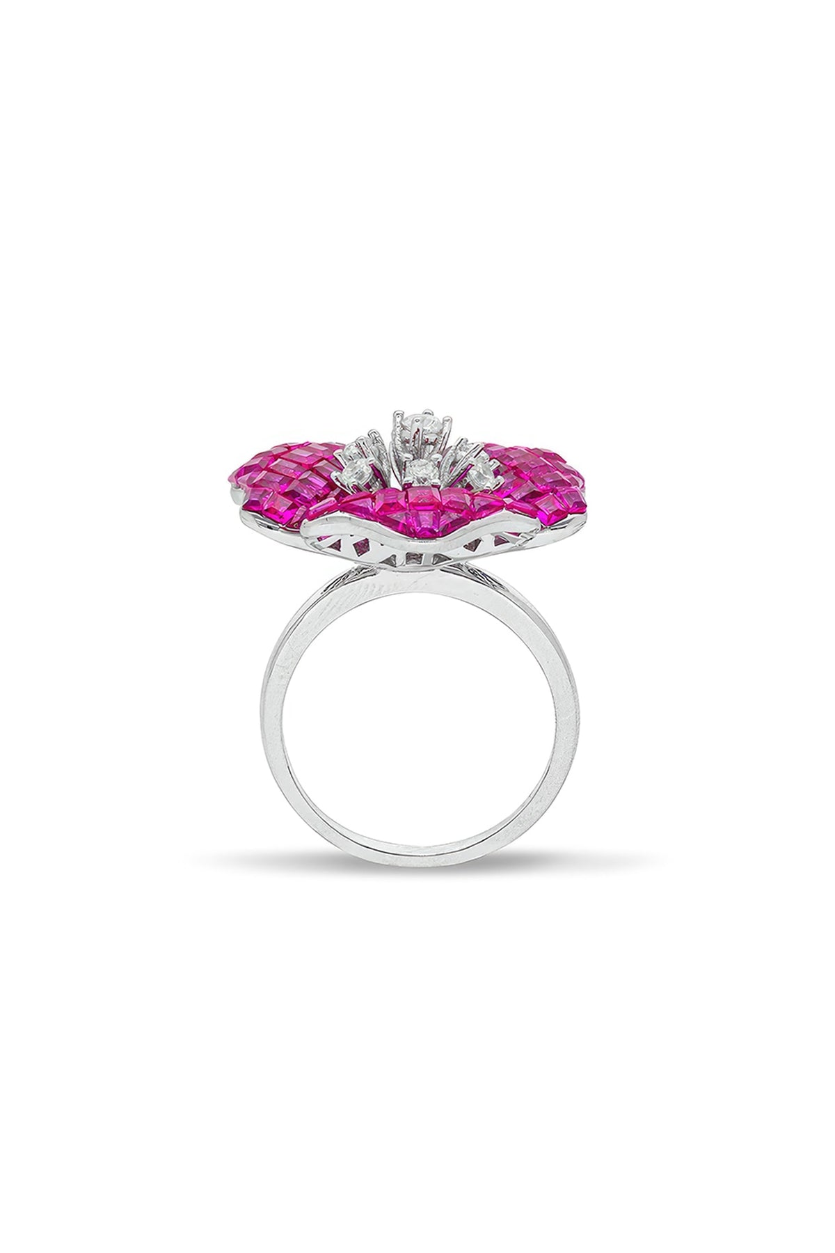 White Rhodium Finish Pearl & Ruby Spinel Stone Floral Ring In Sterling Silver