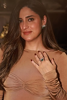 White Rhodium Finish Zircon & Emerald Stone Ring In Sterling Silver