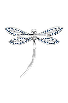 White Rhodium Finish Sapphire Blue Spinel Stone Dragonfly Brooch In Sterling silver